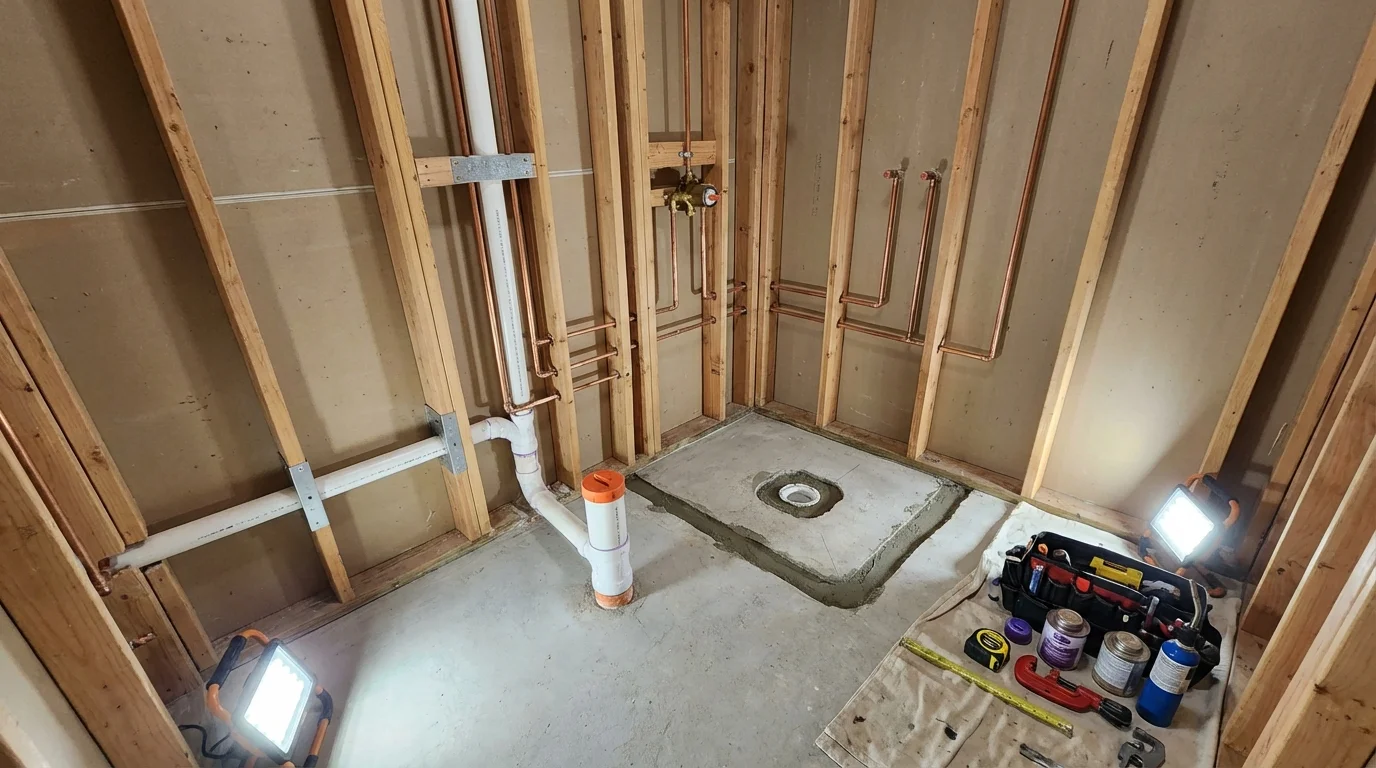 Bathroom rough-in plumbing during remodel by Johns Plumbing LLC in Anahola