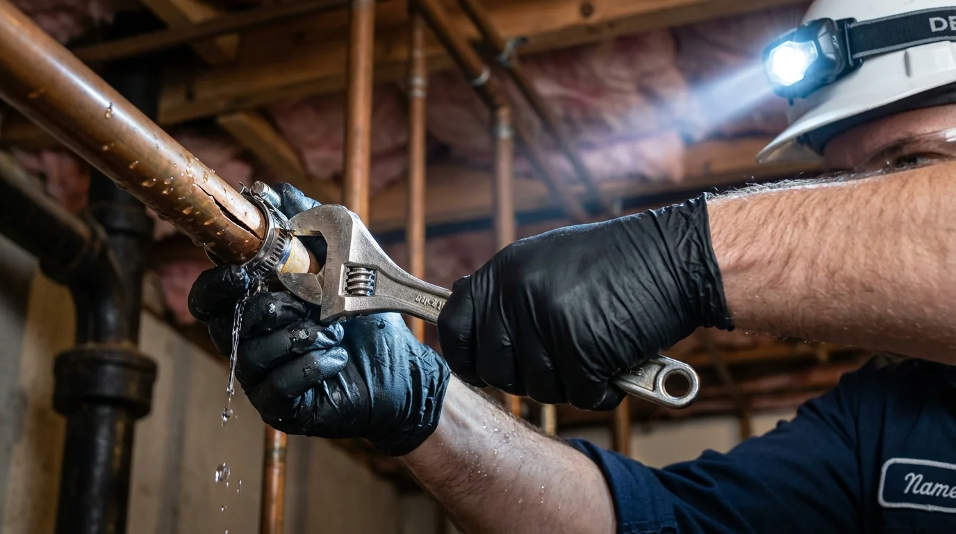 Emergency pipe clamp repair being performed by a Johns Plumbing LLC plumber in Anahola