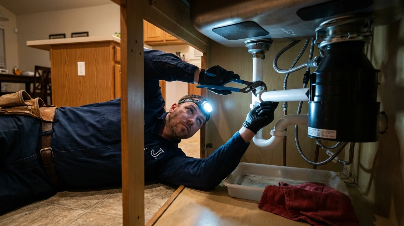 P-trap and supply line connections under a kitchen sink showing a common leak point in Anahola, HI
